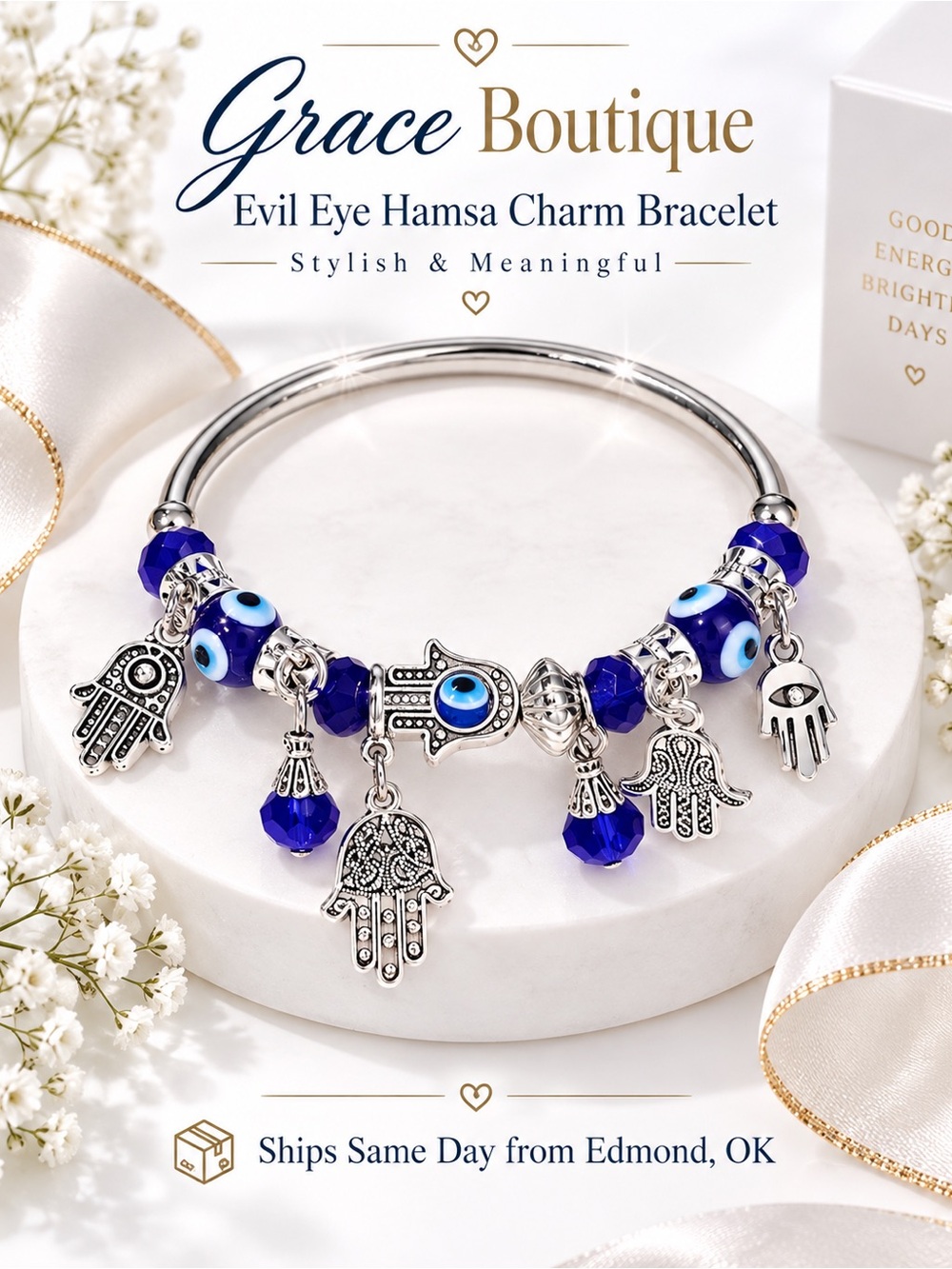 Silver Hamsa & Evil Eye Charm Bracelet - Blue